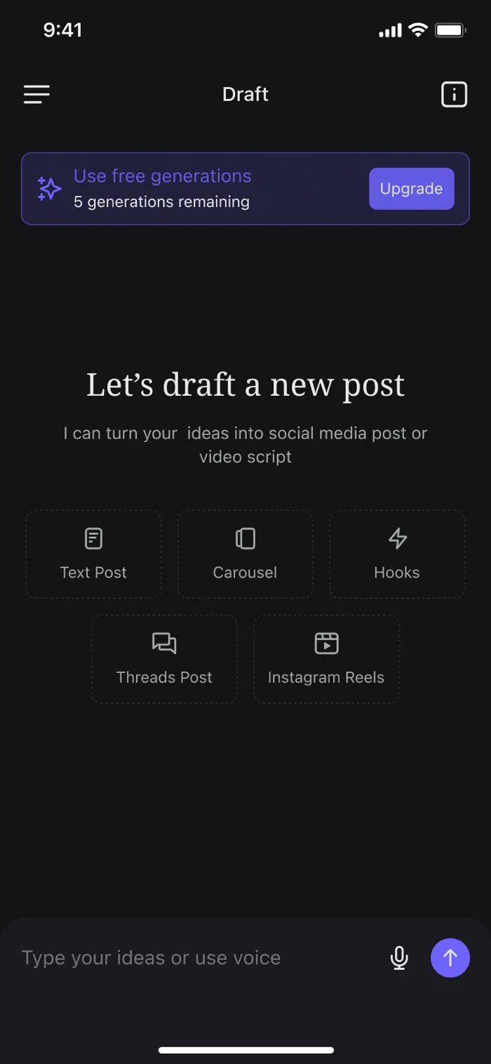 Posti AI app home screen showing AI-powered content generation interface